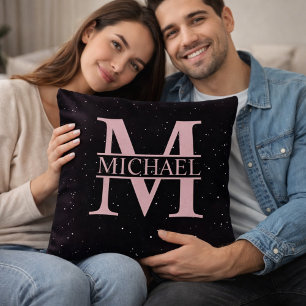 Gepersonaliseerde Roze Gouden M Monogram Naam Kussen