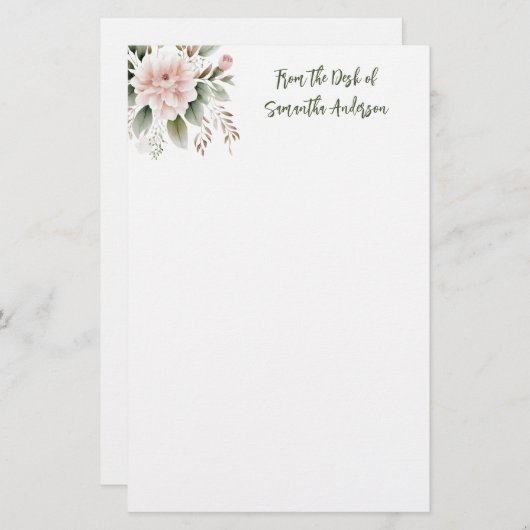 Gepersonaliseerde Roze Groene Bloem Van het Bureau Briefpapier (Voorkant / Achterkant)