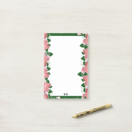 Gepersonaliseerde roze & groene bloemen post-it® notes (Op bureau)