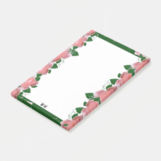 Gepersonaliseerde roze & groene bloemen post-it® notes (Schuin)