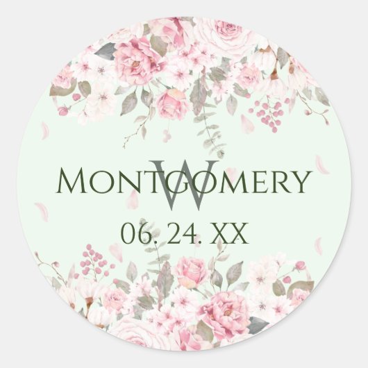 Gepersonaliseerde Roze Groene Bloemen Spray Ronde Sticker (Voorkant)