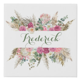 Gepersonaliseerde roze groene Floral Familienaam Imitatie Canvas Print