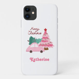 Gepersonaliseerde Roze & Groene Vrolijke Kerstboom Case-Mate iPhone Case