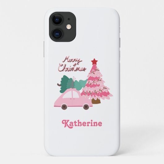 Gepersonaliseerde Roze & Groene Vrolijke Kerstboom Case-Mate iPhone Case (Achterkant)