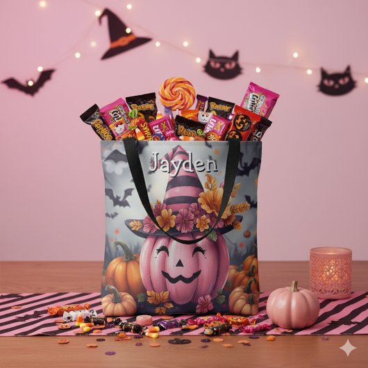 Gepersonaliseerde Roze Halloween Pompoen Tote Bag