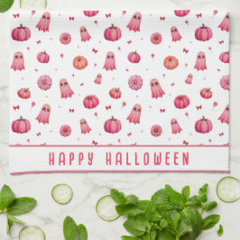 Gepersonaliseerde roze Halloween pompoenen Theedoek