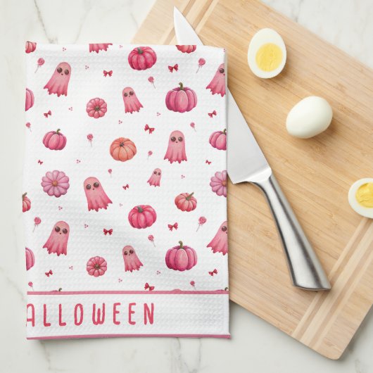 Gepersonaliseerde roze Halloween pompoenen Theedoek (Quarter Fold)