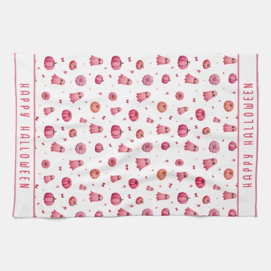Gepersonaliseerde roze Halloween pompoenen Theedoek (Horizontaal)