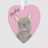 Gepersonaliseerde Roze Hart Blauw Frenchie Ornament (voorkant)