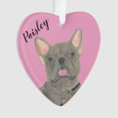 Gepersonaliseerde Roze Hart Blauw Frenchie Ornament (voorkant)
