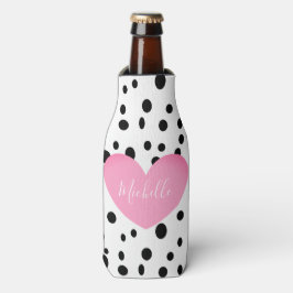 Gepersonaliseerde Roze Hart en Stippen Bottle Cool Flesjeskoeler