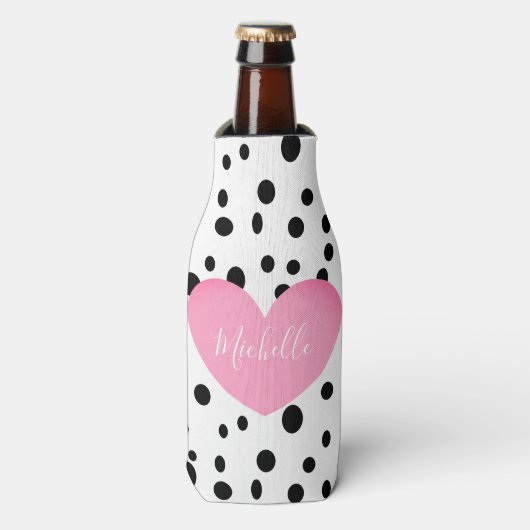Gepersonaliseerde Roze Hart en Stippen Bottle Cool Flesjeskoeler (Fles Voorkant)