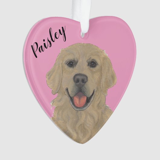 Gepersonaliseerde roze hart gouden retriever ornament (voorkant)