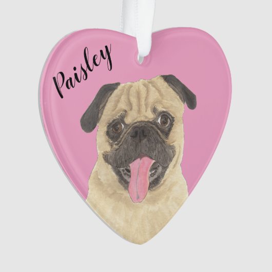 Gepersonaliseerde Roze Hart Pug Ornament (voorkant)