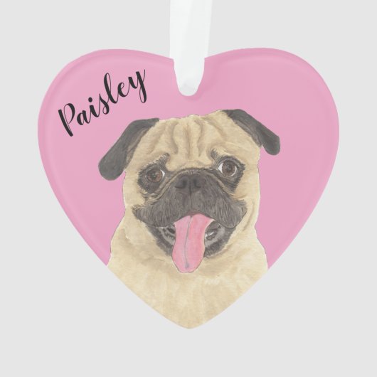 Gepersonaliseerde Roze Hart Pug Ornament (achterkant)