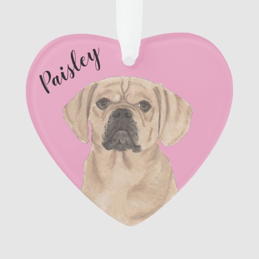 Gepersonaliseerde Roze Hart Puggle Ornament (voorkant)