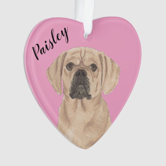 Gepersonaliseerde Roze Hart Puggle Ornament (voorkant)