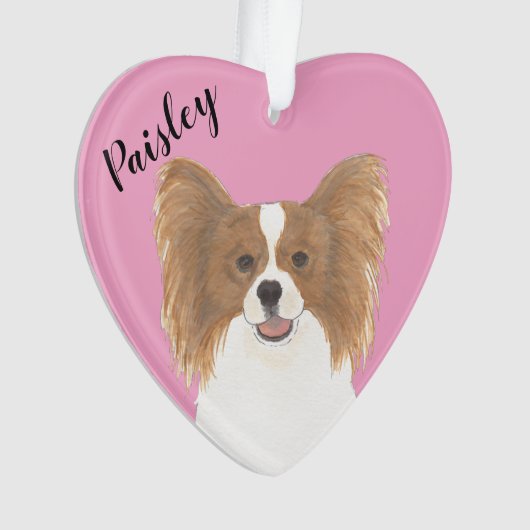 Gepersonaliseerde Roze Hart Rood en Wit Papillon Ornament (voorkant)