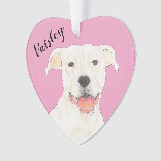 Gepersonaliseerde Roze Hart Wit Pitbull Staffy Ornament (voorkant)