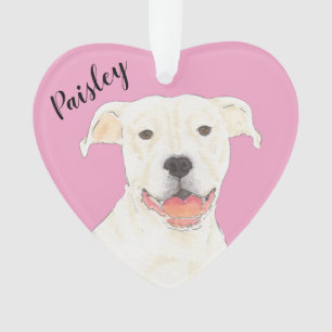 Gepersonaliseerde Roze Hart Wit Pitbull Staffy Ornament