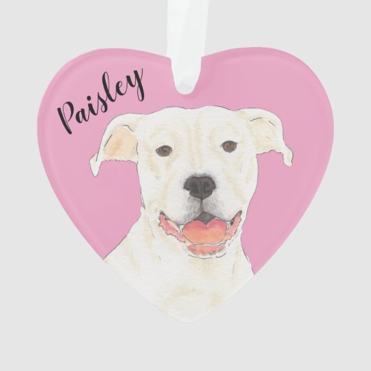 Gepersonaliseerde Roze Hart Wit Pitbull Staffy Ornament (achterkant)
