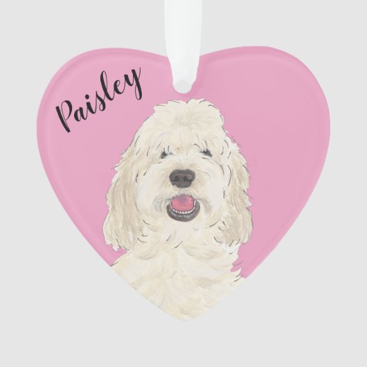 Gepersonaliseerde roze hart witte crème gouden doe ornament (voorkant)