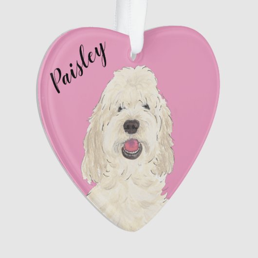 Gepersonaliseerde roze hart witte crème gouden doe ornament (voorkant)