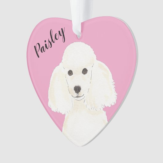 Gepersonaliseerde roze hart witte poedel ornament (voorkant)