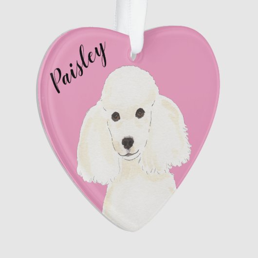 Gepersonaliseerde roze hart witte poedel ornament (voorkant)