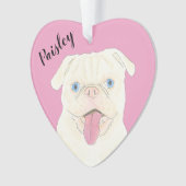 Gepersonaliseerde roze hart witte pug ornament (voorkant)