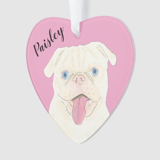 Gepersonaliseerde roze hart witte pug ornament (voorkant)