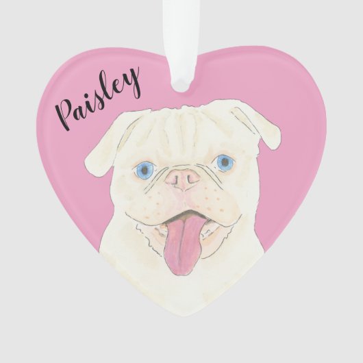Gepersonaliseerde roze hart witte pug ornament (voorkant)