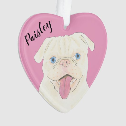 Gepersonaliseerde roze hart witte pug ornament (voorkant)