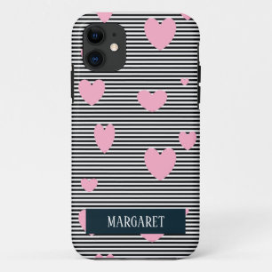 Gepersonaliseerde roze harten en strepen Case-Mate iPhone case