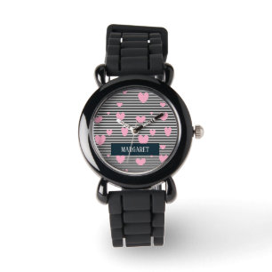 Gepersonaliseerde roze harten en strepen horloge