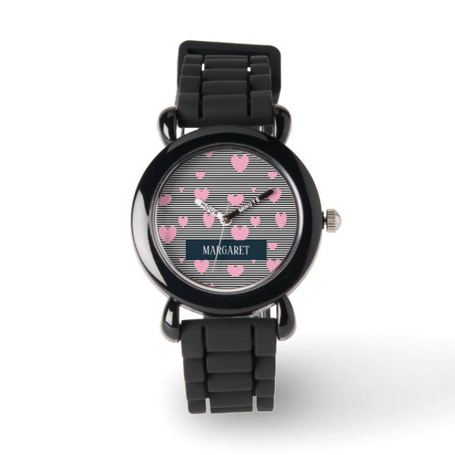 Gepersonaliseerde roze harten en strepen horloge (Voorkant)