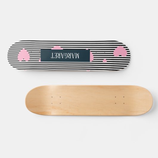 Gepersonaliseerde roze harten en strepen persoonlijk skateboard (Horizontaal)