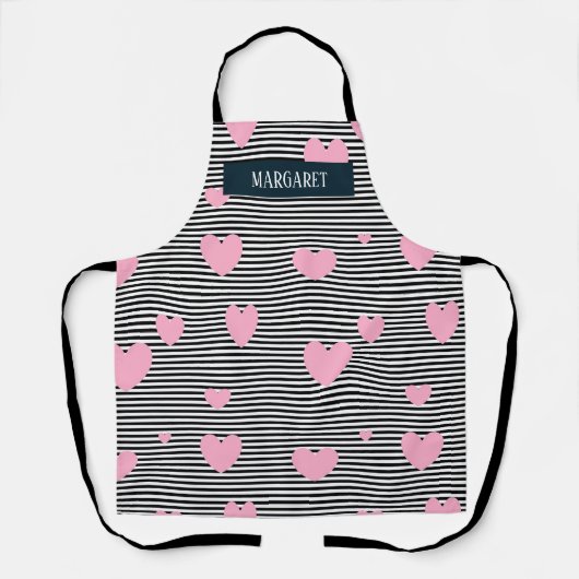 Gepersonaliseerde roze harten en strepen schort (Voorkant)