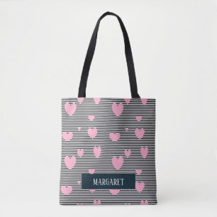 Gepersonaliseerde roze harten en strepen tote bag