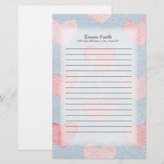 Gepersonaliseerde roze harten op blauwe Waterverf Briefpapier (Voorkant / Achterkant)