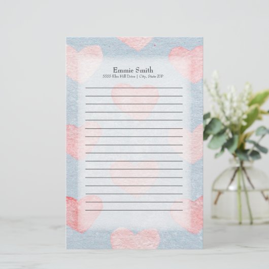 Gepersonaliseerde roze harten op blauwe Waterverf Briefpapier (Staand voorkant)