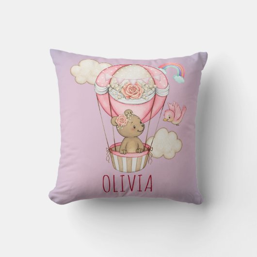 Gepersonaliseerde Roze Hete Luchtballon Waterverf Kussen (Voorkant)