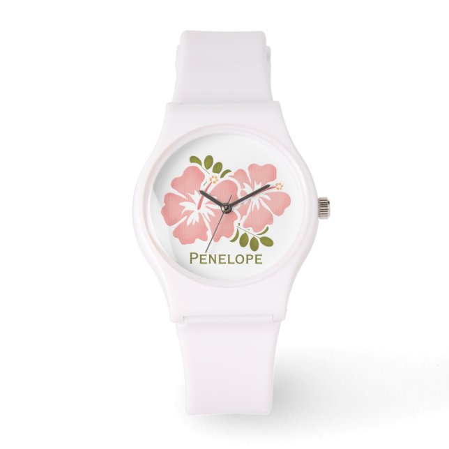 Gepersonaliseerde roze hibiscus horloge (Voorkant)