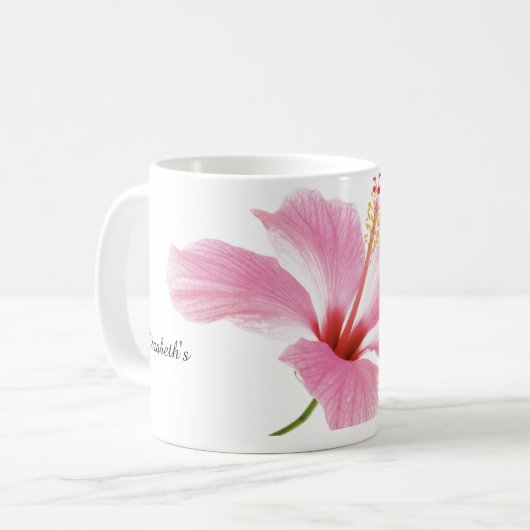 Gepersonaliseerde Roze hibiscus koffie / thee mok (Voorkant links)