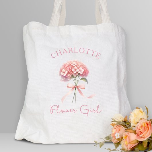 Gepersonaliseerde Roze Hortensia Bow Floral Bloeme Tote Bag