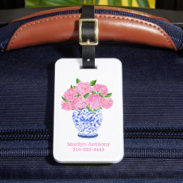 Gepersonaliseerde Roze Hortensia Chinoiserie Vaas Bagagelabel