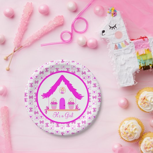 Gepersonaliseerde roze huis Het is een meisje Papieren Bordje (Feest)