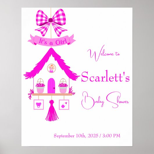 Gepersonaliseerde roze huis Het is een meisje Poster (Voorkant)