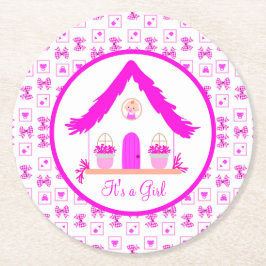 Gepersonaliseerde roze huis Het is een meisje Ronde Kartonnen Onderzetter