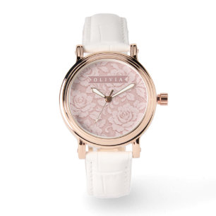 Gepersonaliseerde Roze Kant Bloemige Romantische Horloge